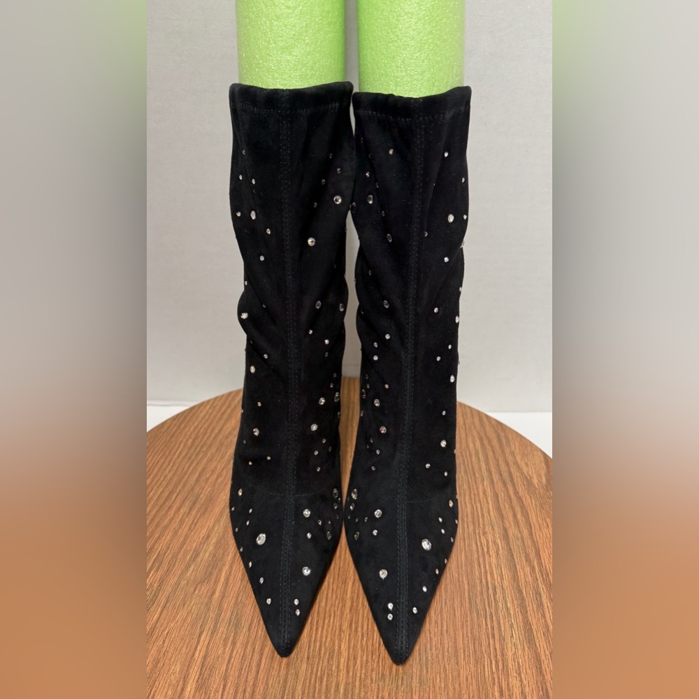 Stuart Weitzman Cosmic 100 Black Suede Stretch Pointed Stiletto Bootie Crystal